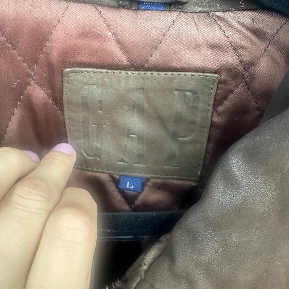 Vintage Gap leather bomber jacket size large brown 90's classic Y2k zip snap - Picture 7 of 11